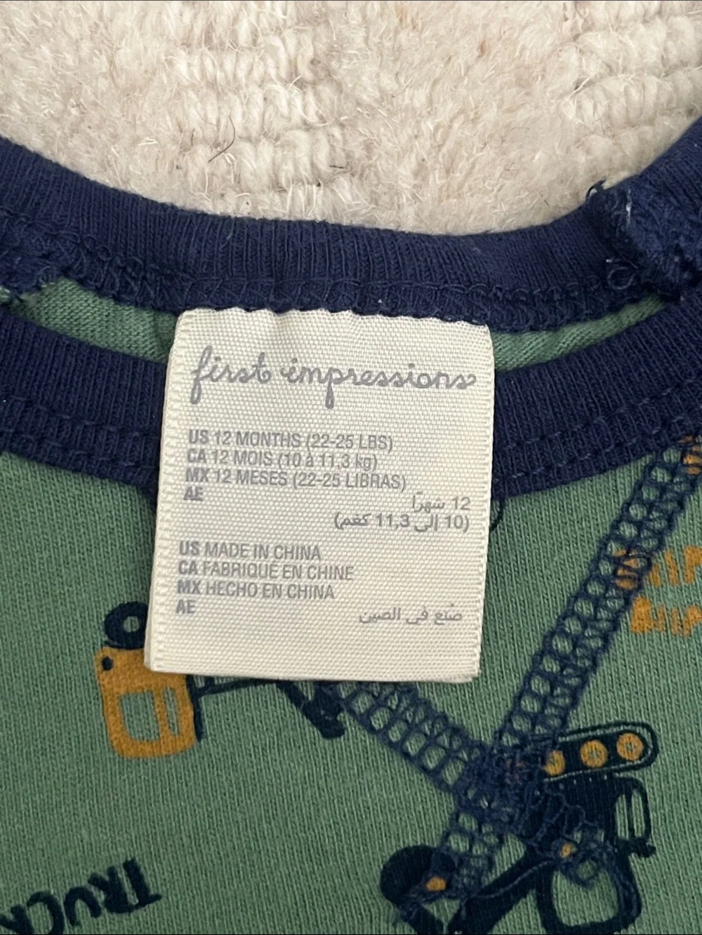 First Impressions Green and Navy Construction Print One-Piece Bodysuit